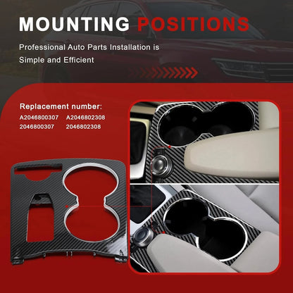Mounting positions and fitment of carbon fiber center console cupholder trim for Mercedes C207