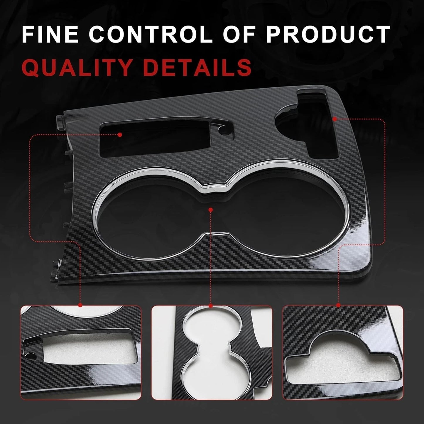 Close-up of carbon fiber center console cupholder trim showing high-gloss finish and chrome ring detail