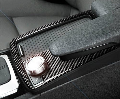 Installed carbon fiber style center console cup holder trim in Mercedes E-Class C207