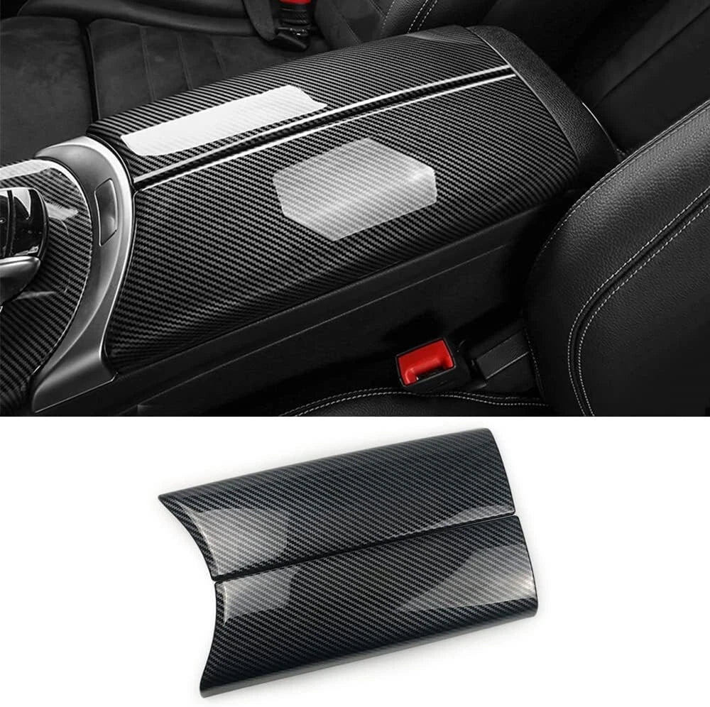 Installed carbon fiber style armrest lid on W205 interior – premium upgrade finish