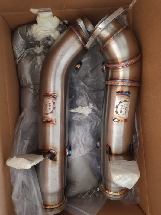 Ceramic coated catless downpipes for Mercedes-AMG C43, E43, and GLC43 with M276 twin-turbo engine