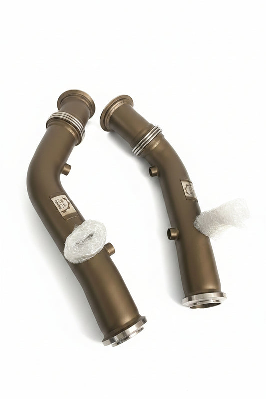 Ceramic coated downpipes with premium flex sections on both ends for Mercedes C43 AMG, C450 AMG, E43 AMG, E400, E450 M276 3.0T – full product pair view