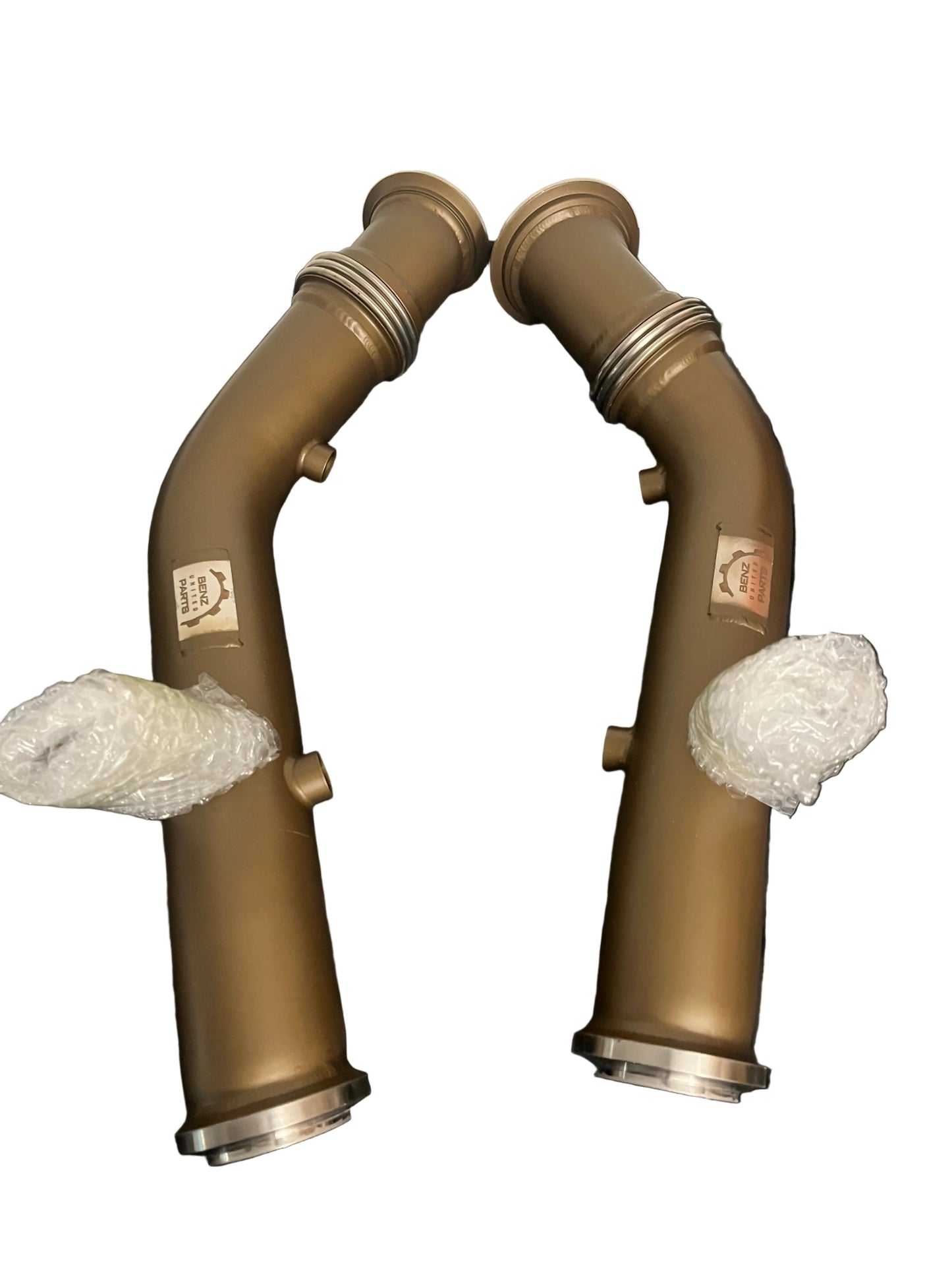 Pair of ceramic coated downpipes with white protective covers for Mercedes C43 AMG C450 E43 M276 3.0T