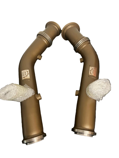 Pair of ceramic coated downpipes with white protective covers for Mercedes C43 AMG C450 E43 M276 3.0T