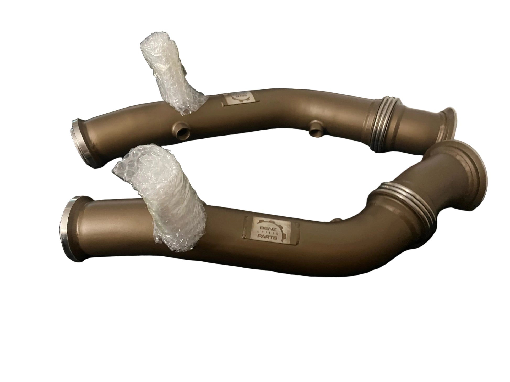 Premium flex section detail on ceramic coated downpipes for Mercedes C450 AMG and E43 AMG