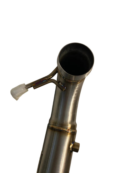 CLA45 GLA45 M133 catless downpipe showing O2 sensor bung, bracket, and angled section