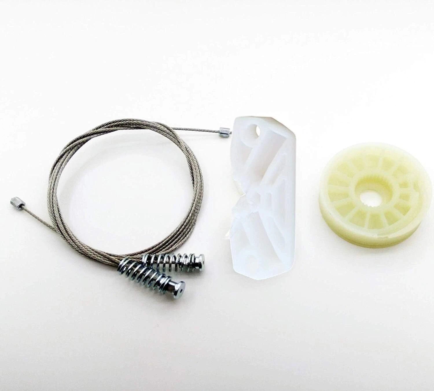 Full kit contents for CLK window regulator repair – cable, guide, and spool shown