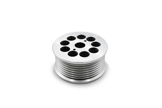 Close-up front view of lightweight clutch delete supercharger pulley for M113K AMG engines
