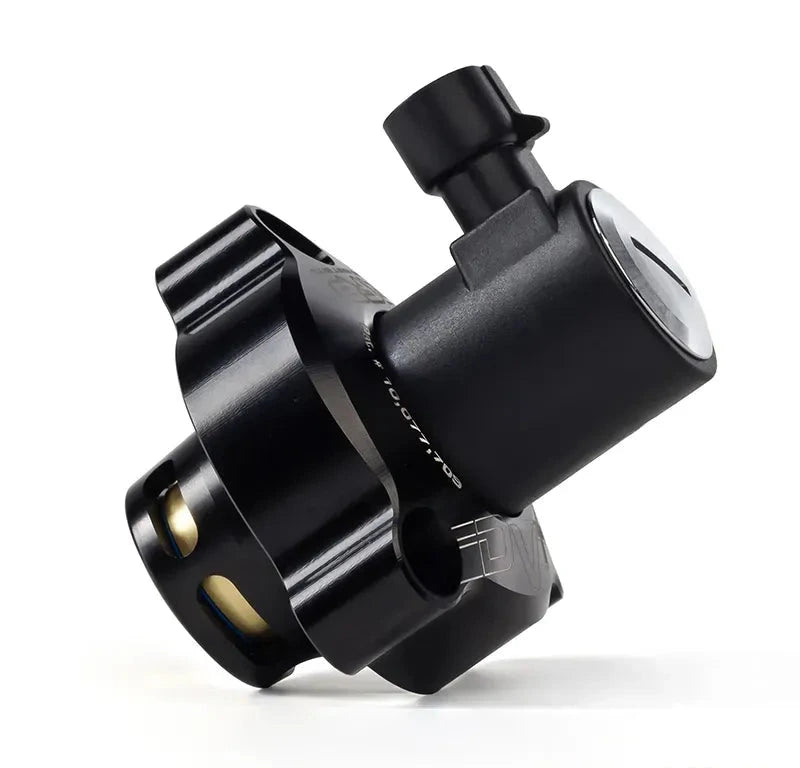 Rear three-quarter view of the GFB DV+ diverter valve showing the mounting flange and bolt holes