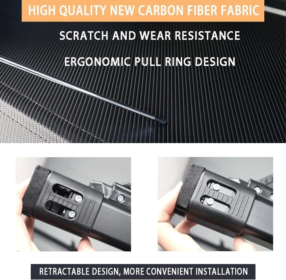 Close-up of ergonomic pull ring and carbon fiber fabric surface on cargo shade