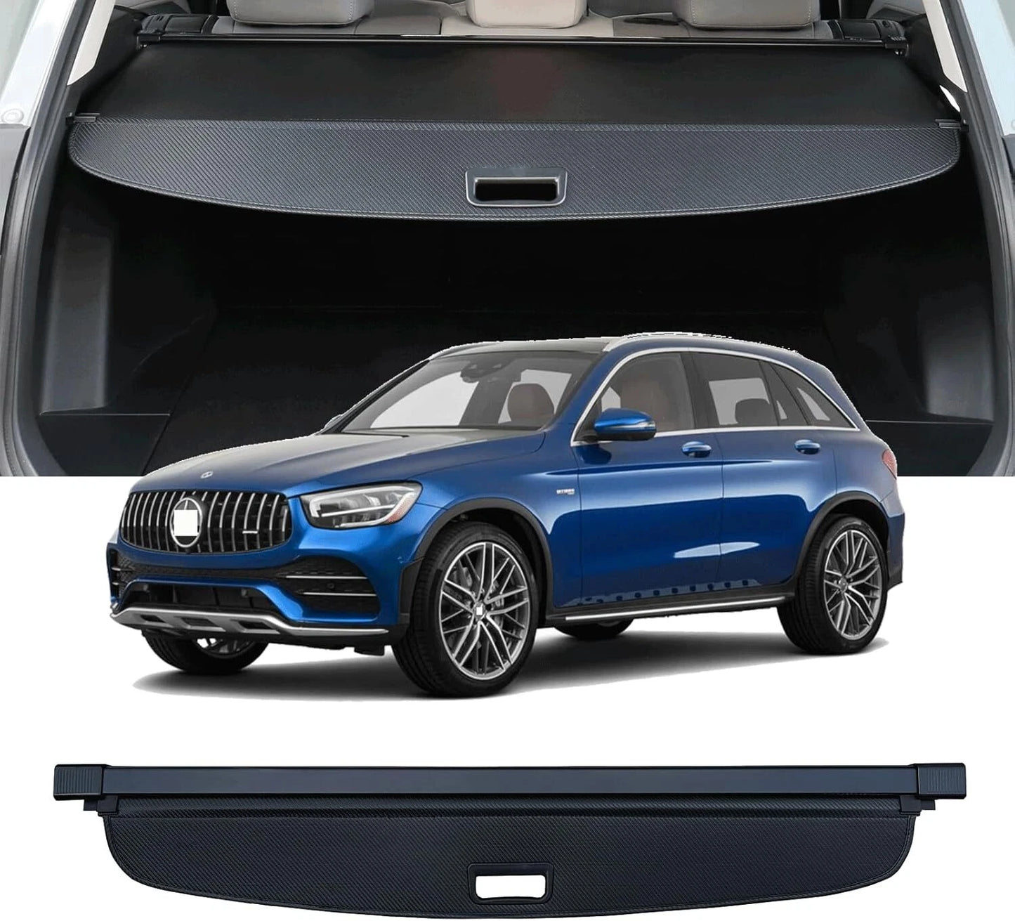 Retractable cargo cover installed in Mercedes-Benz GLC trunk with carbon fiber texture