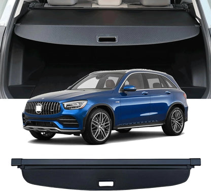 Retractable cargo cover installed in Mercedes-Benz GLC trunk with carbon fiber texture