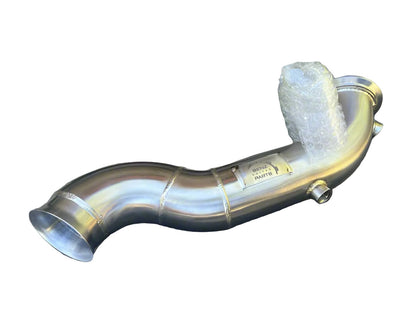 Close-up of Mercedes GLC300 M274 2.0L turbo downpipe with precision TIG welds and smooth bends