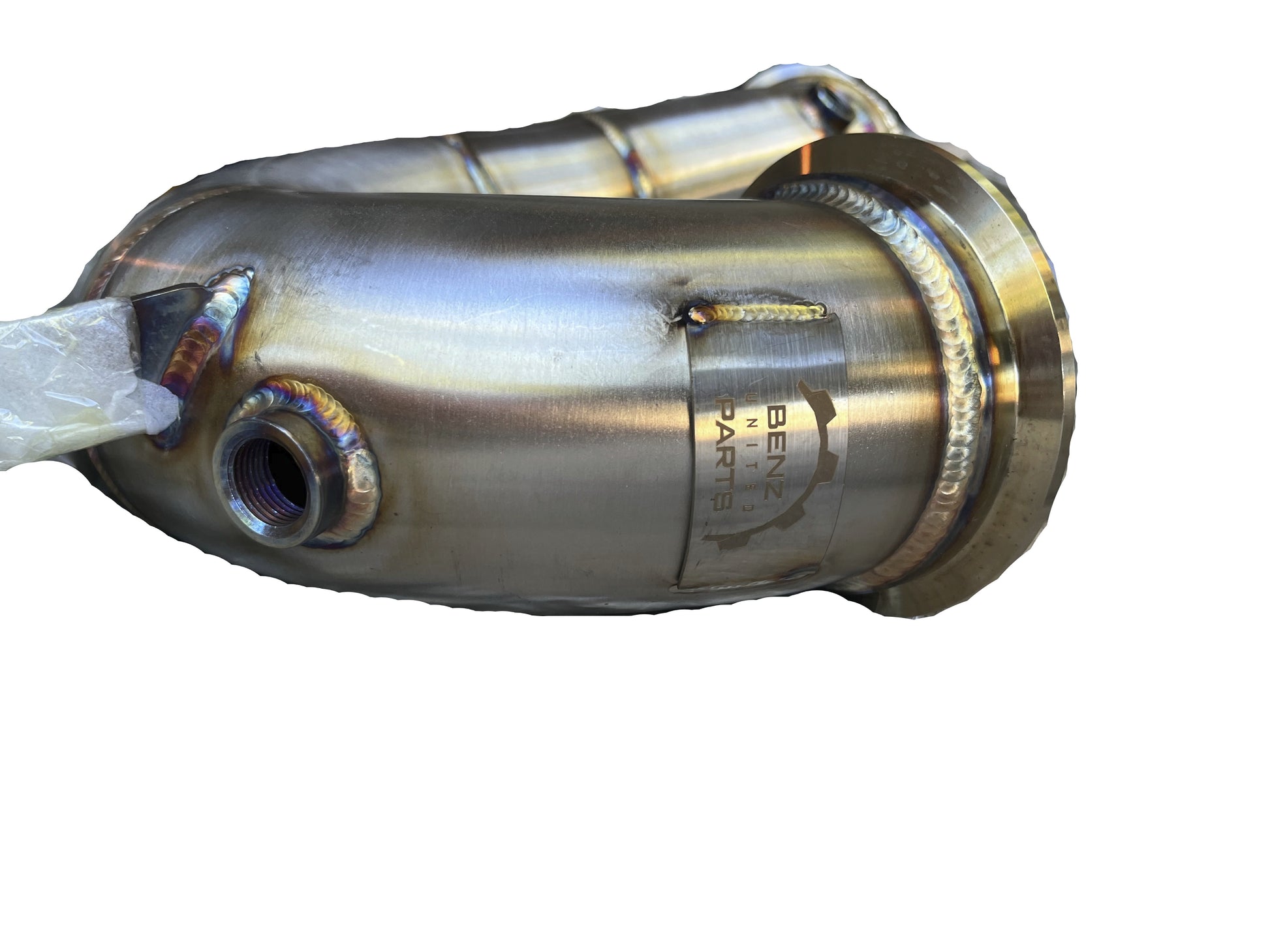 Close-up of GLE53 AMG M256 catless downpipe showing O₂ sensor bung and CNC-machined flange