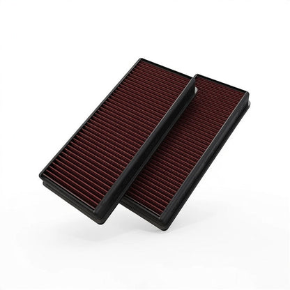 Angled view of K&N 33-2474 red pleated high-flow air filters – Pair for Mercedes M278 E550 CLS550 S550 – Washable & reusable