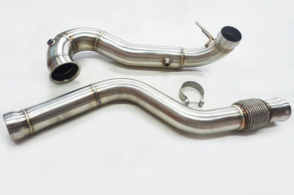 Pair of M133 AMG catless downpipes showing mandrel-bent stainless construction