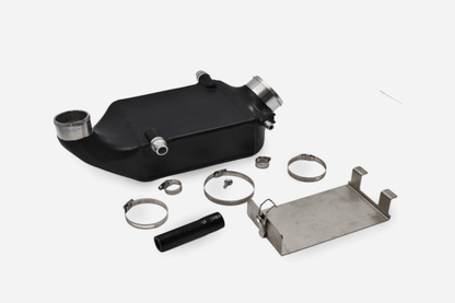 M133 intercooler upgrade kit for Mercedes CLA45 and GLA45 AMG with dual-pass core and hardware