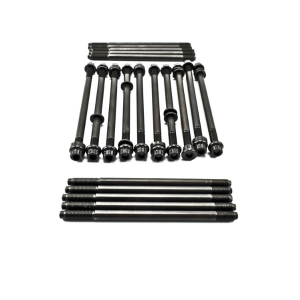 Full M156 H-13 Head Stud Kit for Mercedes AMG engines including studs, washers, and nuts laid out for installation