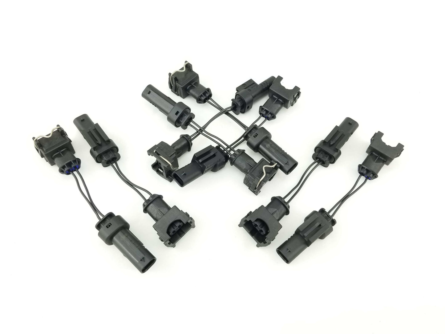 Full set of eight M156 MLK-EV1 injector adapter harnesses for AMG C63 and E63 — plug and play EV1 wiring upgrade by BenzUnited Performance