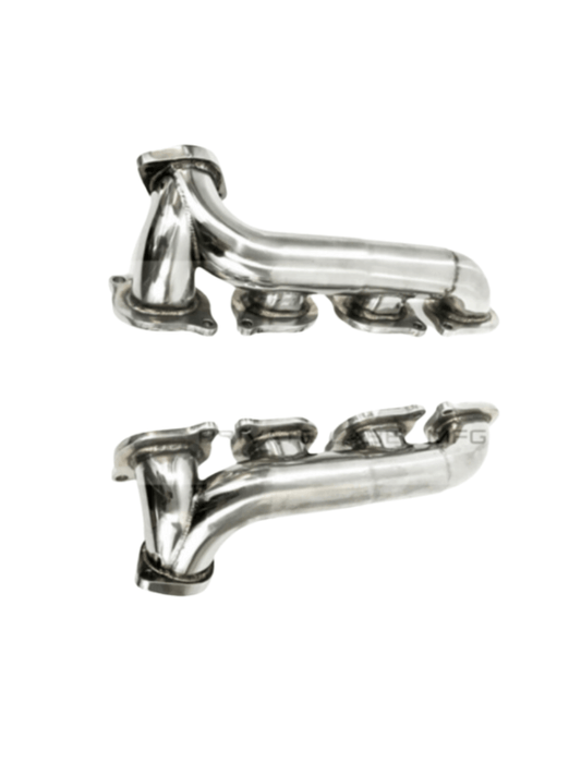 Stainless steel TIG-welded shorty headers for Mercedes M156 6.2L V8, showing 304 stainless construction, CNC flanges, and collector design for C63, E63, and CLS63 AMG performance