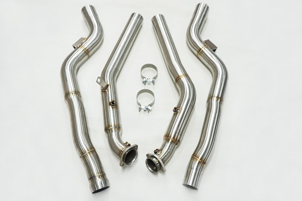 M157 catless downpipe close-up in 304 stainless steel for Mercedes E63 S and CLS63 S AMG 4MATIC