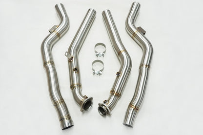 M157 catless downpipe close-up in 304 stainless steel for Mercedes E63 S and CLS63 S AMG 4MATIC