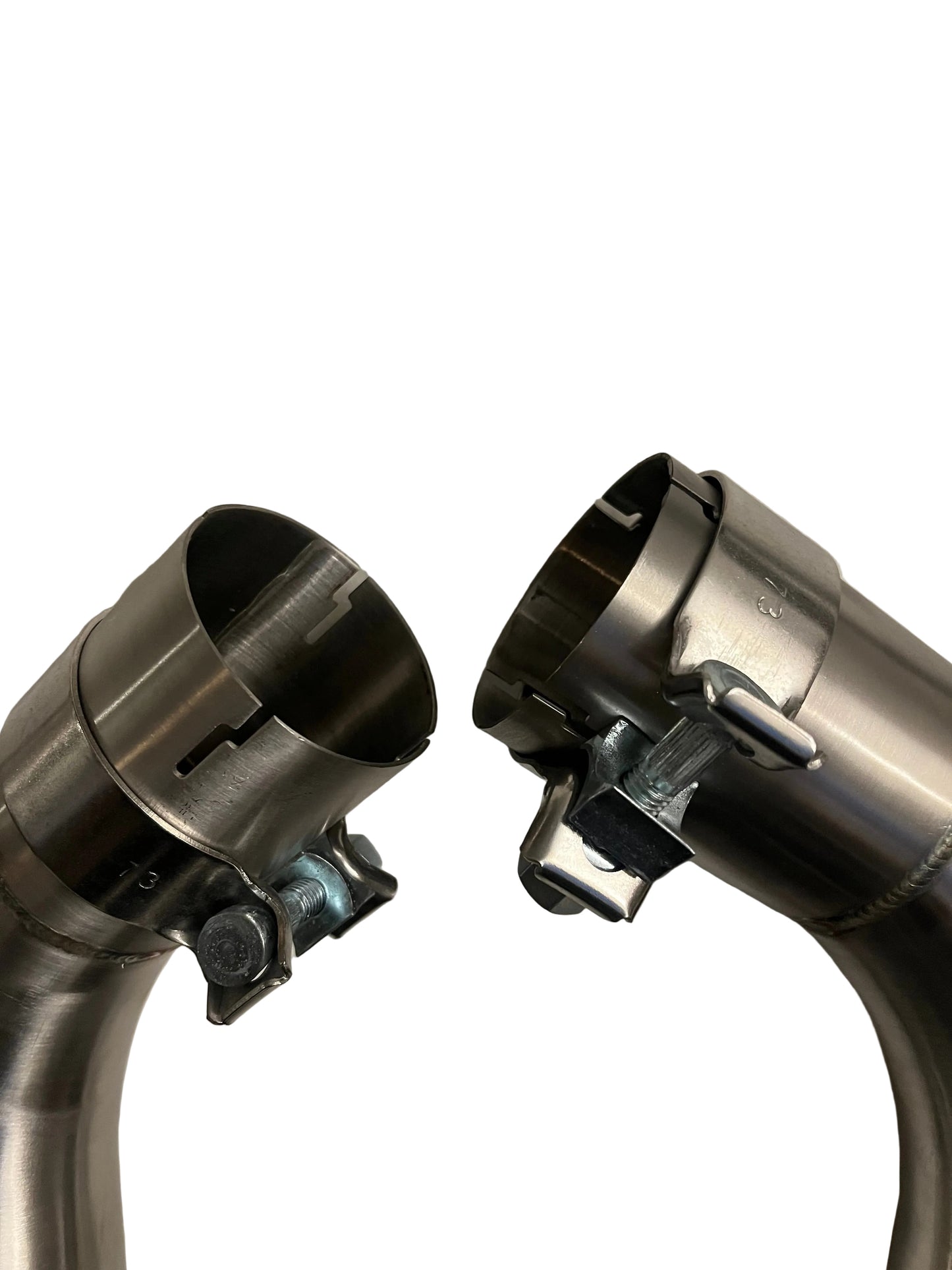 Close-up of M157 catless downpipe turbo-side flanges with hardware