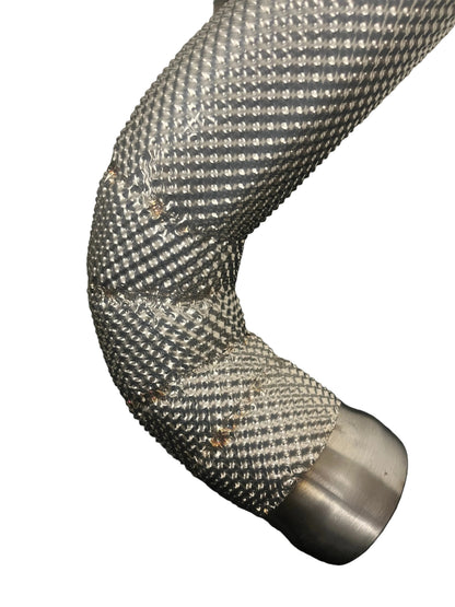 Heat shielded curved section of catless downpipes for Mercedes-AMG C63 M177 engine