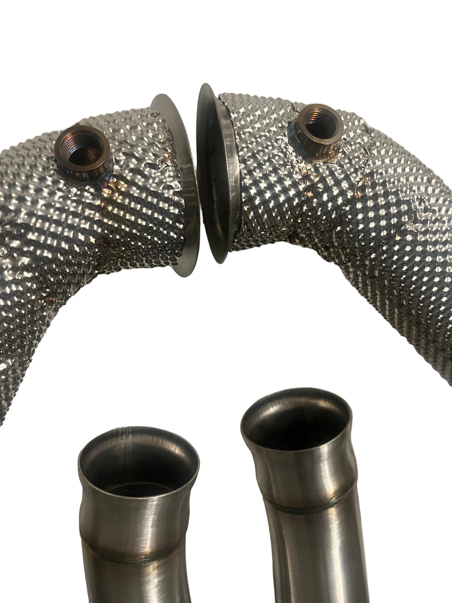 Close-up of flange and connection on heat shielded catless downpipes for Mercedes C63 AMG M177