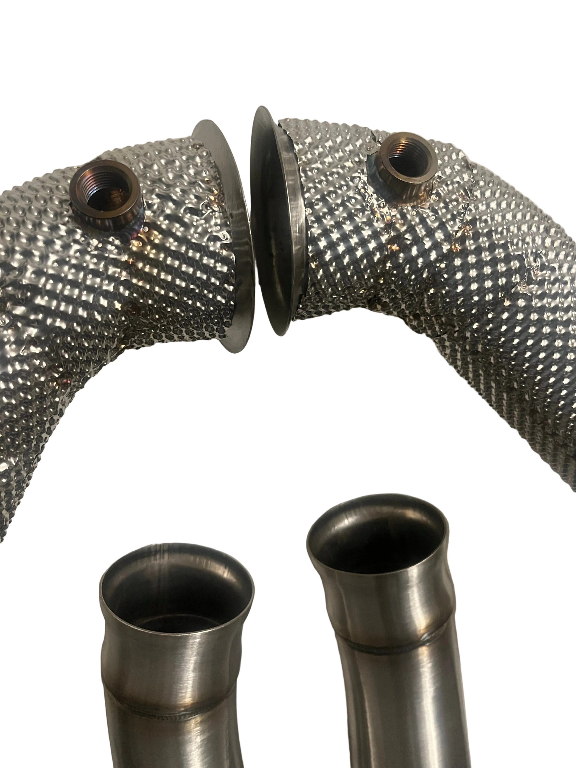 Close-up of flange and connection on heat shielded catless downpipes for Mercedes C63 AMG M177