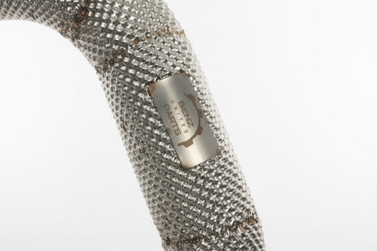 Close-up of outlet tips on heat shielded catless downpipes for Mercedes C63 AMG M177