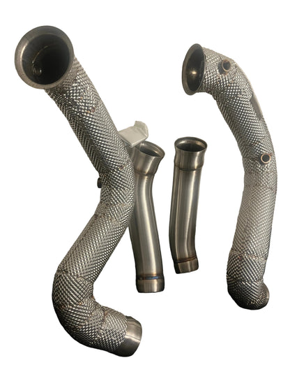 Side profile view of premium heat shielded catless downpipes for W205 C63 AMG