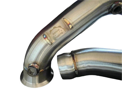 TIG welded stainless steel downpipe construction detail for AMG M177 engine

