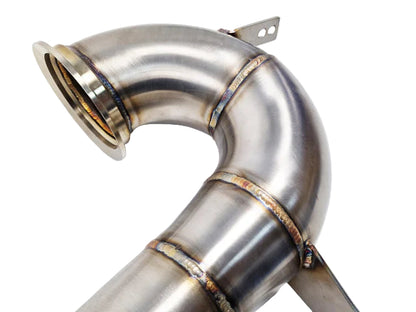Close-up of TIG welds on Mercedes M256 stainless steel downpipe for AMG performance models