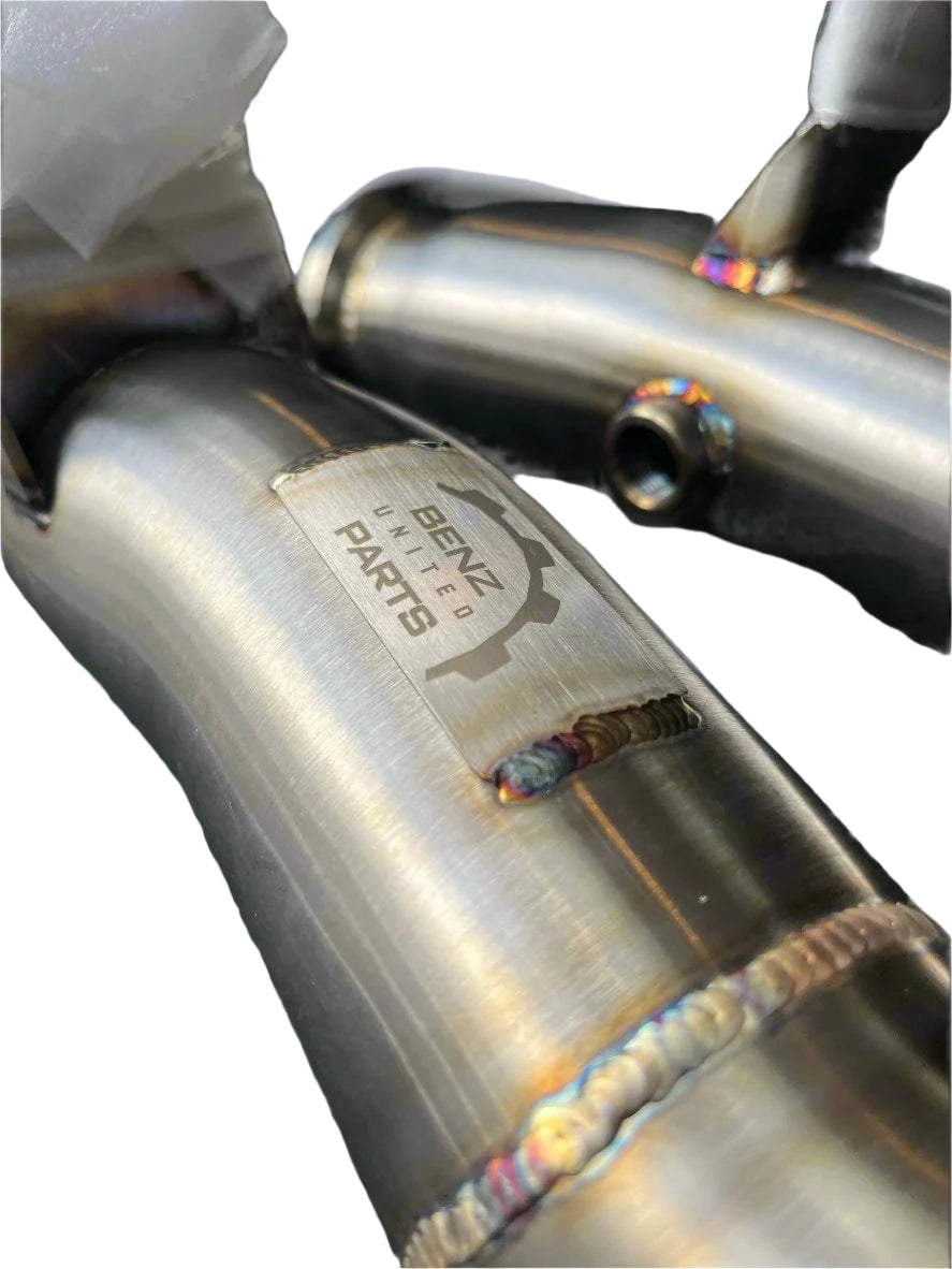 TIG welded stainless steel downpipe detail for Mercedes AMG M276