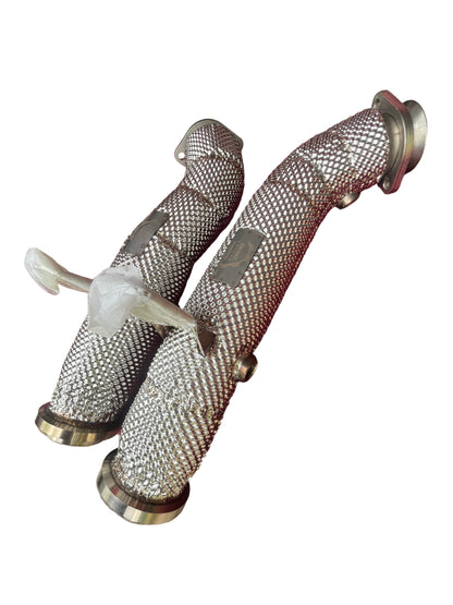 Angled view of Mercedes M276 heat-shielded catless downpipes for E43 AMG, E450, and E400 showing turbo outlet geometry