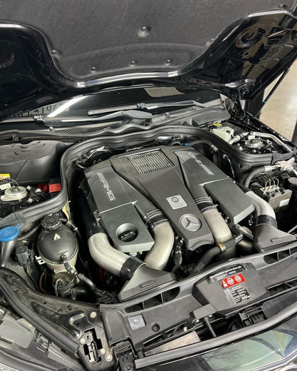 M278 AMG engine bay showing aluminum intake pipes – upgraded performance intake system for W212 and W218 AMG models