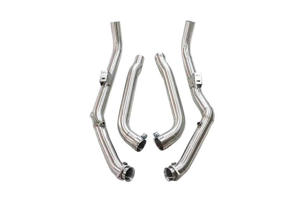 Close-up of M278 4.7L V8 BiTurbo catless downpipes for Mercedes CLS550 C218 and E550 W212