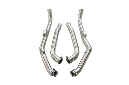 Close-up of M278 4.7L V8 BiTurbo catless downpipes for Mercedes CLS550 C218 and E550 W212