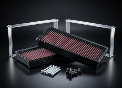 Premium studio view of K&N 33-2474 filters with full airbox spacer kit including hardware – High performance intake upgrade for Mercedes M278 4.7L V8 engines