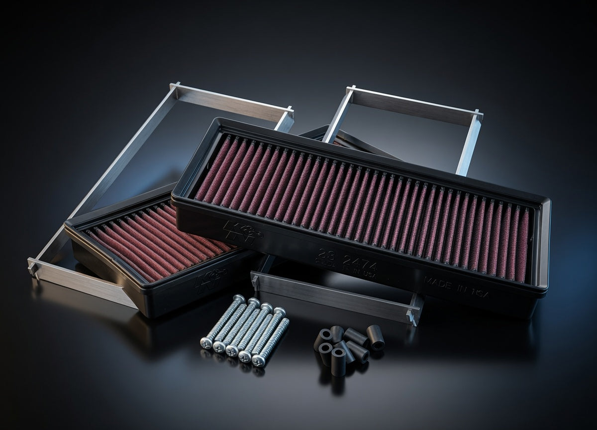 K&N 33-2474 high-flow red air filters professionally installed into precision CNC airbox spacers – M278 intake upgrade combo for Mercedes-Benz E550 CLS550 S550