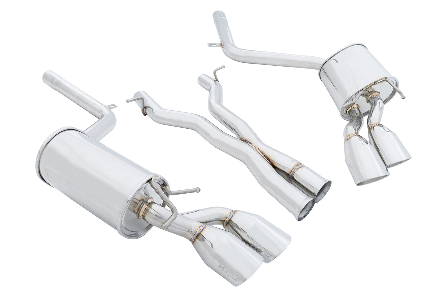 Megan Racing axle-back exhaust with 4.5x3.5 inch oval stainless rolled tip for Mercedes W204 C63 AMG 2012-2015, close-up product view