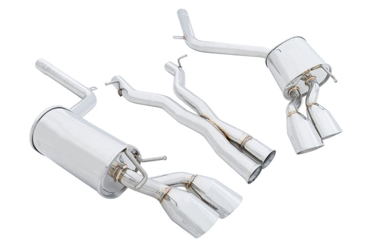 Megan Racing axle-back exhaust with 4.5x3.5 inch oval stainless rolled tip for Mercedes W204 C63 AMG 2012-2015, close-up product view