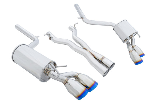 Installed Megan Racing burnt rolled tips axle-back exhaust on Mercedes C63 AMG W204 showing deep tone and aggressive rear stance