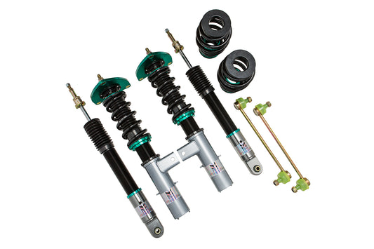 Megan Racing Euro II adjustable coilovers for Mercedes CLA250 FWD 2014-2018 C117 chassis, 32-way damping with blue anodized pillowball mounts and monotube dampers, full kit view