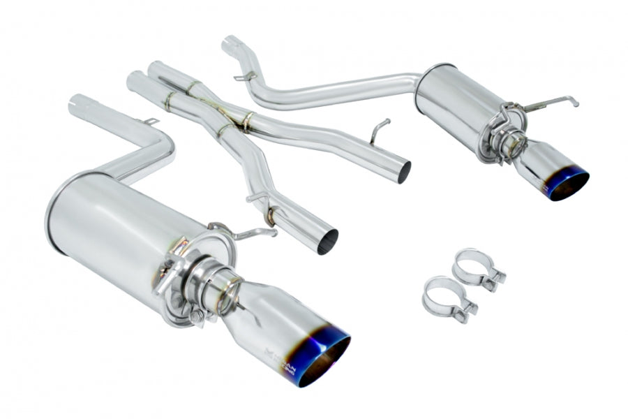 Megan Racing OE-RS cat-back exhaust system with dual 4 inch burnt rolled tips for Mercedes W204 C300 C350 V6 Sedan 2008-2014, full kit view