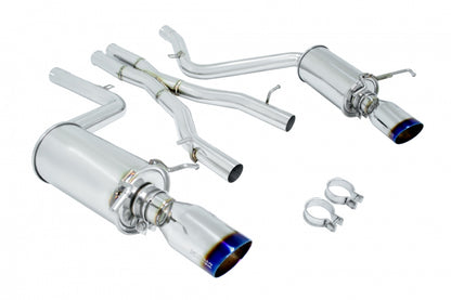 Megan Racing OE-RS cat-back exhaust system with dual 4 inch burnt rolled tips for Mercedes W204 C300 C350 V6 Sedan 2008-2014, full kit view