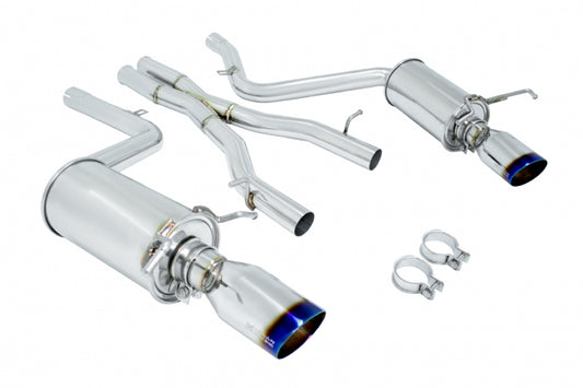Megan Racing OE-RS cat-back exhaust system with dual 4 inch burnt rolled tips for Mercedes W204 C300 C350 V6 Sedan 2008-2014, full kit view