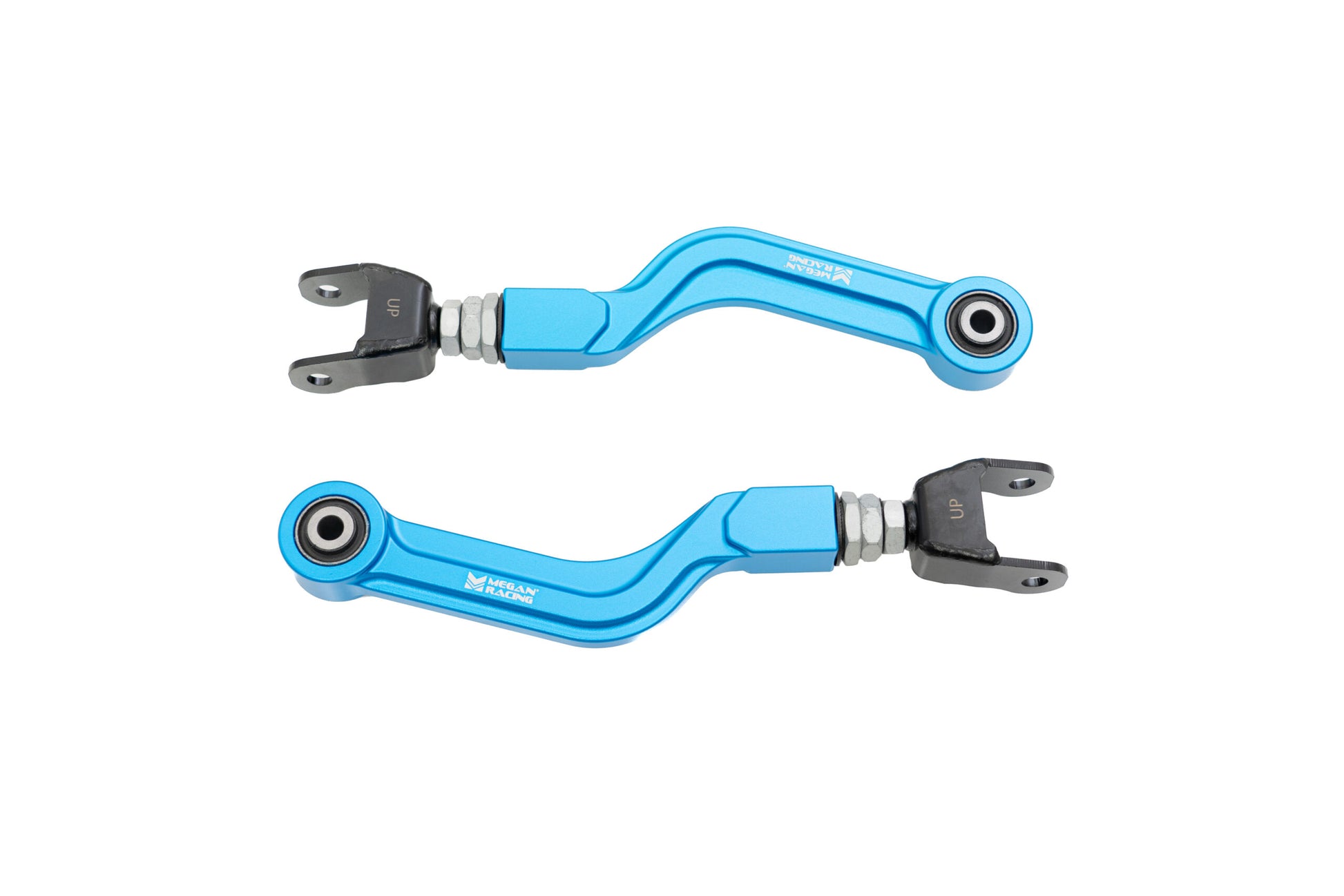 Megan Racing rear upper adjustable camber arms blue anodized aluminum for Mercedes C-Class W206 2021+ C300 C43 AMG, with hardened rubber bushings and turnbuckle adjusters, product kit view