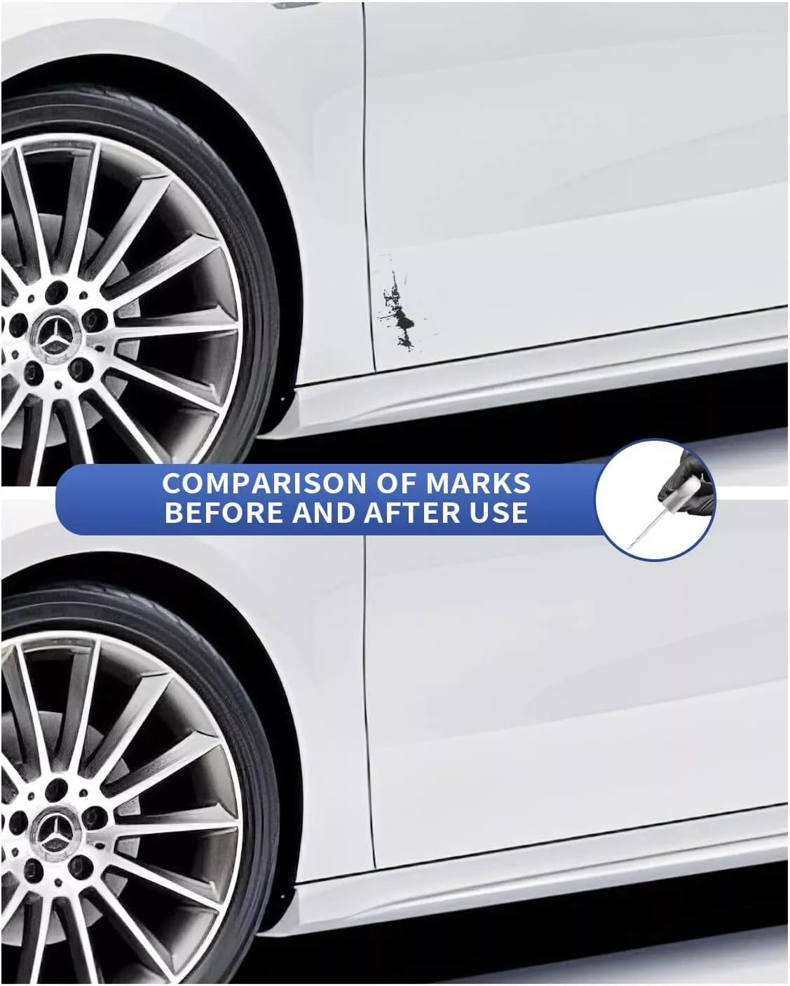 Mercedes Polar White 149 9149 touch up paint close-up repair results on bumper scratch